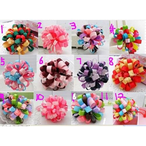 Children flower hair bow loopy bow different color mixed loop ball girls child hair 50pcs jy