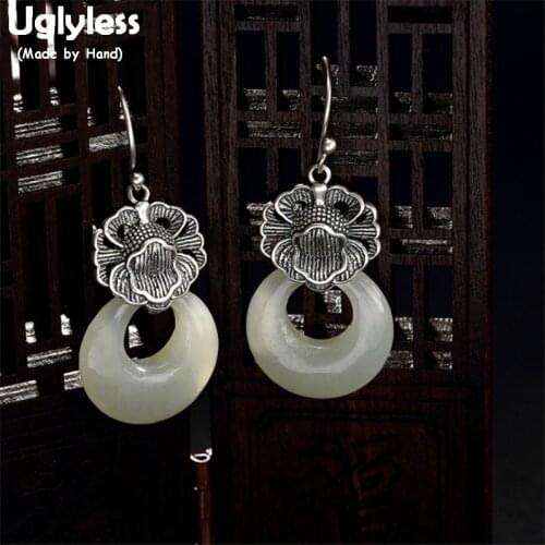 Uglyless Handmade Lotus Earrings for Women Thai Silver Ethnic Lotus Flower Earrings Jade Button Brincos 925 Silver Jewelry E1876