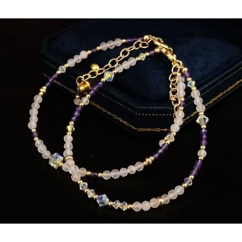 Lii Ji Rose Quartz Amethyst Austrian Crystal 14K Gold Filled Bracelet 18+4cm Natural 2mm Stone Handndmade Jewelry For Women Gift