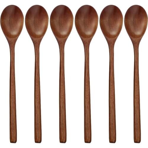Wooden Spoons, 6 Pieces Wood Soup Spoons for Eating Mixing Stirring, Long Handle Spoon Kitchen Utensil