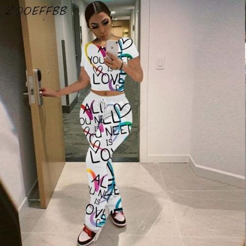 ZOOEFFBB Letter Print 2 Piece Outfits Short Sleeve Crop Top and Sweatpants Lounge Wear Matching Sets 2021 Fishion Women Clothing