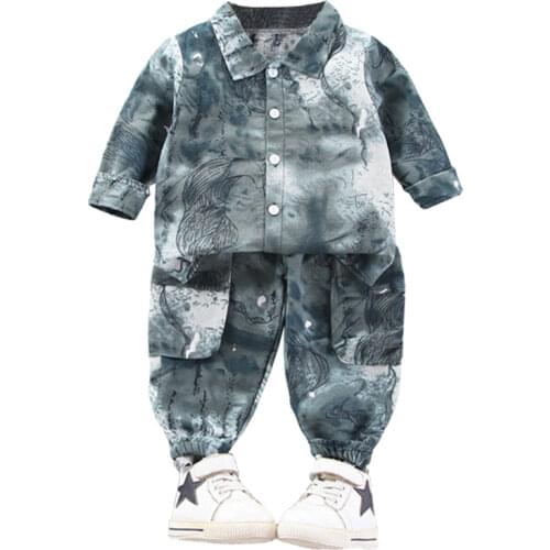 2pcs Autumn Children Clothing Sets Full-print Pad Dye Painting Sets for Boys Single Breasted Long-sleeve Trousers Boys Clothes