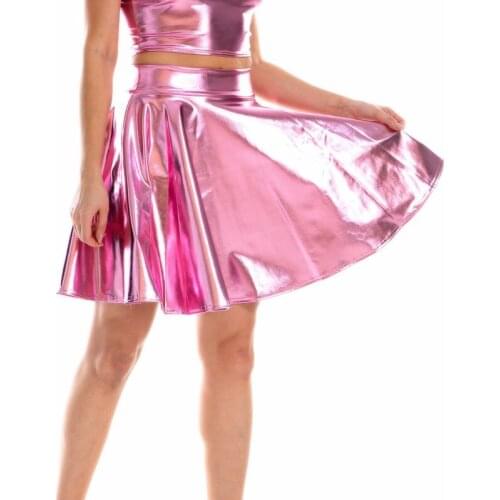 LJCUIYAO Female Mini Skirts New Fashion PU Leather Solid Color Short Laser Reflective Ladies' Elastic High Waisted Pleated Skirt