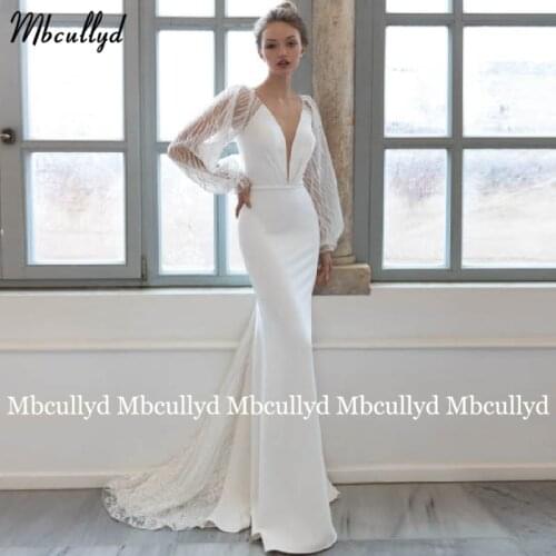 Mbcullyd Sexy White Mermaid Wedding Dress 2020 Puff Long Sleeve Elegant Corset Back Bride Gown Customized Vestido De Noiva