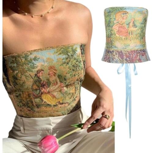 Fashion Women Sexy Strapless Bustier Crop Top Retro European Painting Corset Bandeau Criss Cross Lace-Up Aesthetic Tube Top