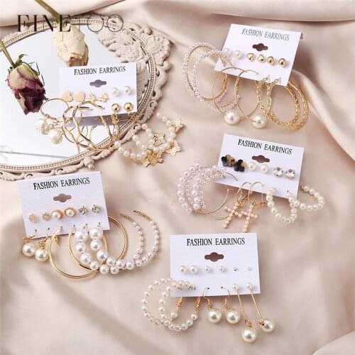 Bohemian Pearl Drop Earrings Set Fashion Butterfly Cross Round Circle Geometric Earrings for Women Statement Jewelry