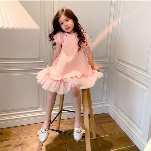 2021 Spring and Summer New Pink Party Dress for Girls Medium and Large Girls Mesh Short Sleeve Dress Princess Dress