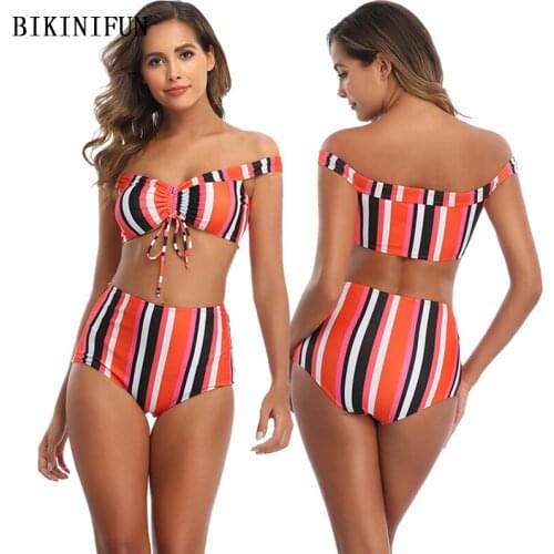 2020 New Colorful Striped Swimwear Women Off Shoulder Swimsuit Drawstring Beachwear S-XL Girl High Waist Bathing Suit Bikini Set