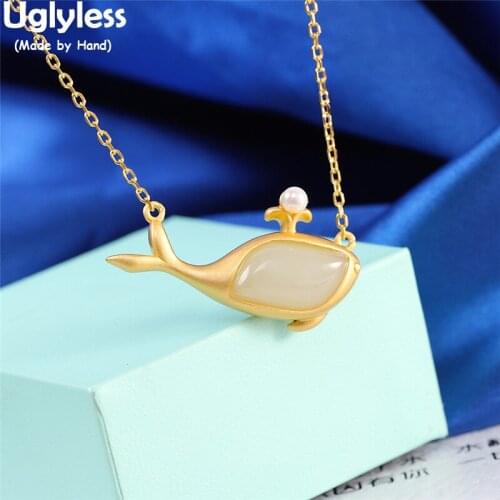 Uglyless Protect Ocean whale Jewelry Sets for Women Fishes Animal Chokers Necklaces Studs Earrings Jade Pearls 925 Silver Bijoux