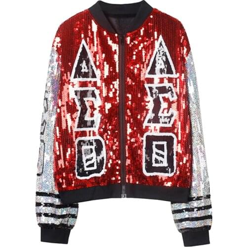 PERHAPS U Women Black Silver Pink Sequined Long Sleeve Letter Bomber Jacket Zipper Long Sleeve Casual Baseball Uniform C0445