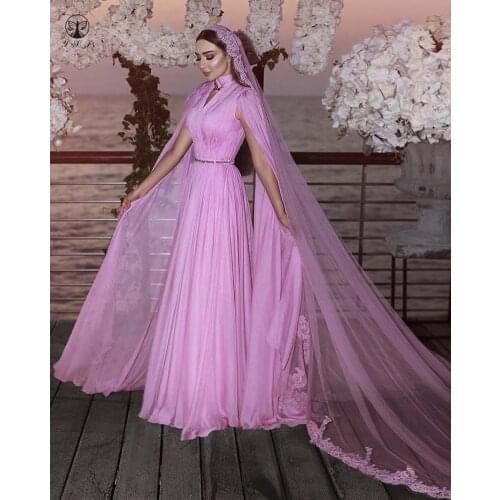 2019 Fashion Pink High Collar Pleated Beaded Sashes Long Sleeve Arabian Design Formal Prom Dresses