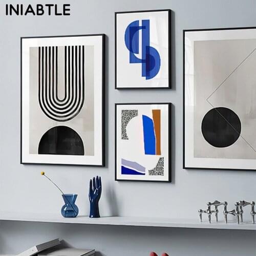 Nordic Line Drawing Colour Lump Blue Abstract Painting Canvas Poster Geometric Simplicity Wall Art Picture For Living Room Decor