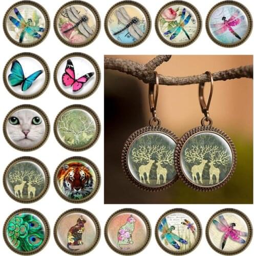 8Seasons Vintage Copper Hoop Earrings Multicolor Cat Butterfly Pattern Glass Round Insect Women Earrings Jewelry Gifts,1Pair