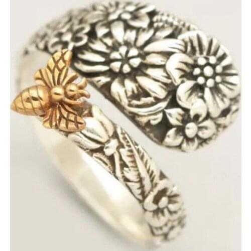 Vintage Gold Color Carving Flower Bird Dragonfly Bee Rings For Women Men Antique Jewelry Male Female Hyperbole Animal Boho Ring