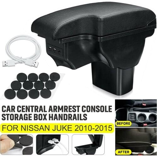 For Nissan Juke Infiniti ESQ 2011-2019 Central Armrest Storage Box Handrails Double Layer Storage with 3 USB Port Black