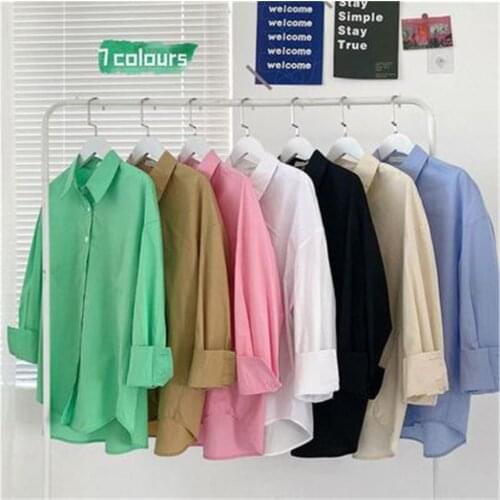 Green Shirts Womens Tops Button Up Plus Size Oversize Blouse Office Lady 2021 Long Sleeve White Pink Black Vintage New ZY5632
