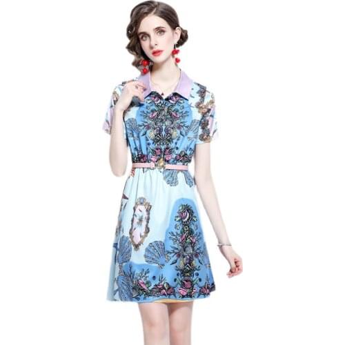 Runway Shirt Collar Mini Dress Women Short Sleeve Blue Ocean Digital Fower Printing Party Elegant Summer Dress With Belt k2073