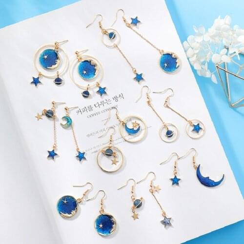 2019 Fashion Blue Asymmetry Stars Moon Earrings Korea Planet Round Geometry Long Pendant Female Earrings Jewelry Accessories