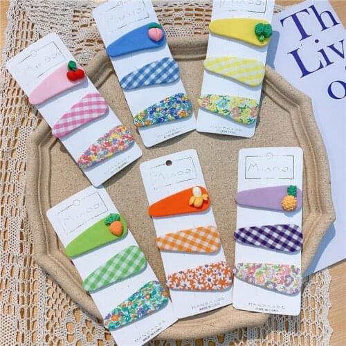 3 Pcs Children Simple Cute Color Vegetables Fruits BB Clip Fashion Sweet Girl Plaid Printed Fabric Hairpins Hair Accessories
