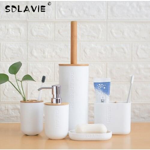 Bamboo 6Pcs Bathroom Set Toothbrush Holder Bathroom Accessories Toilet Brush Cup Soap Holder Press Emulsion Dispenser Container