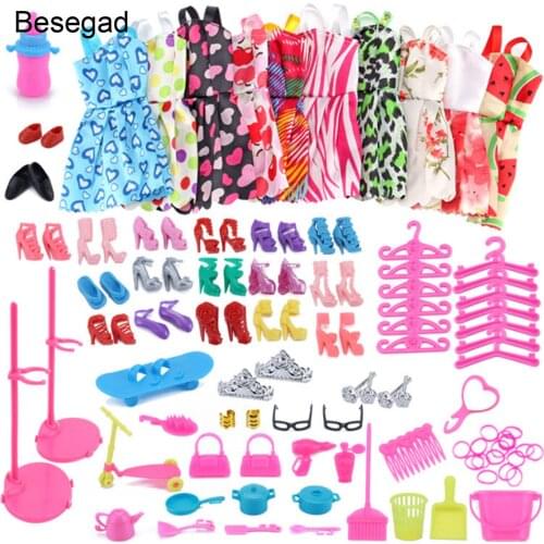 Besegad 10pcs Girl Doll Toy Party Clothes Dress Outfits 75pcs Complete Doll Accessories Kit Shoes Bag for Barbie Toys Kid Girl