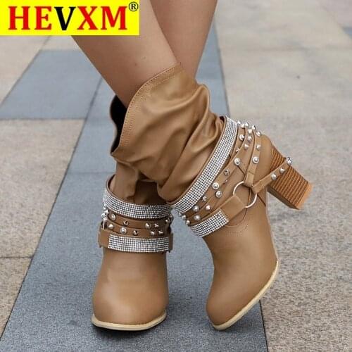 Buckle Strap Boots Women Autumn Winter Retro PU leather Shiny Rivets Heel Half Boots Winter Shoes Women Botines Mujer 2020