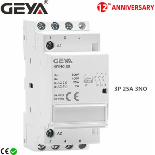 GEYA Household Contactor 3P 25A 3NO 50/60Hz Din Rail Automatic Type AC230V