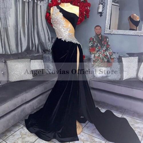 One Shoulder Black Prom Dresses 2021 Mermaid Velvet Long for Black Girls African Women Formal Evening Gowns