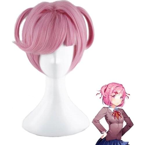 DDLC Doki Doki Literature Club Natsuki Pink Short Wigs Cosplay Costume Women Heat Resistant Synthetic Hair Party Wigs