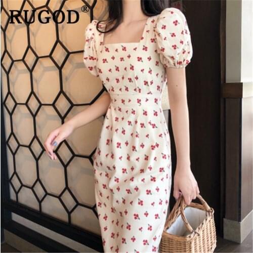 RUGOD Vintage Puff Sleeve Printed Long Dress Elegant Ruffle Square Sleeve Slim Maxi Dresses Vestidos de fiesta de noche