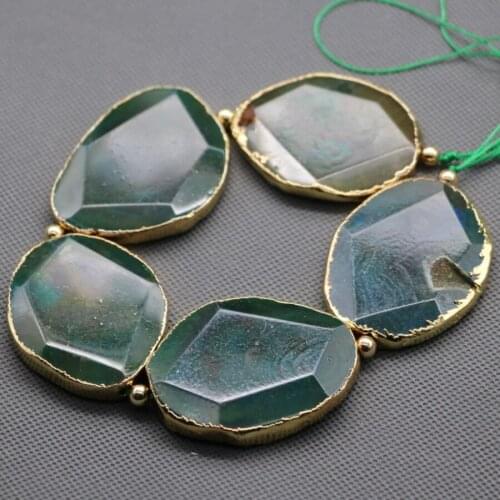 C-1903 Green Druzy Faceted Stone Beaded - Gold Wrapped Slab stone Connector Beads Pendant Polished- Full Strand/50mm Each