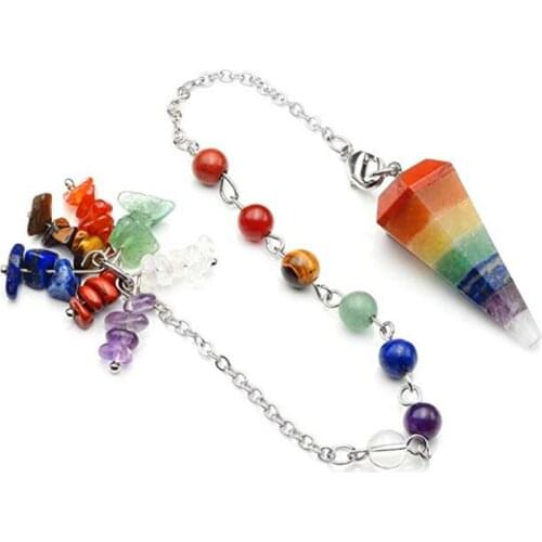 FYJS Unique Reiki Healing Chakra Jewelry Silver Plated Hexagon Pyramid Layer Colorful Quartz Stone Pendant with Rainbow Chain
