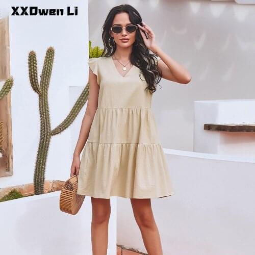 2021 Summer Cotton Pure Color Sleeveless Mini Dress Women Pink Green Fashion Office Lady Ruffles Casual Loose Dresses For Woman