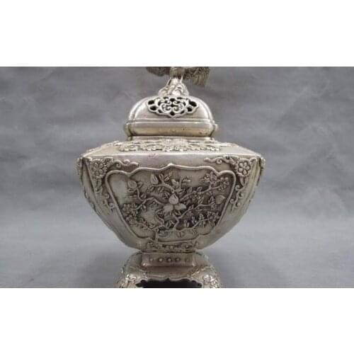 Chinese white Copper silver Eagle peach blossom flower incense burner censer
