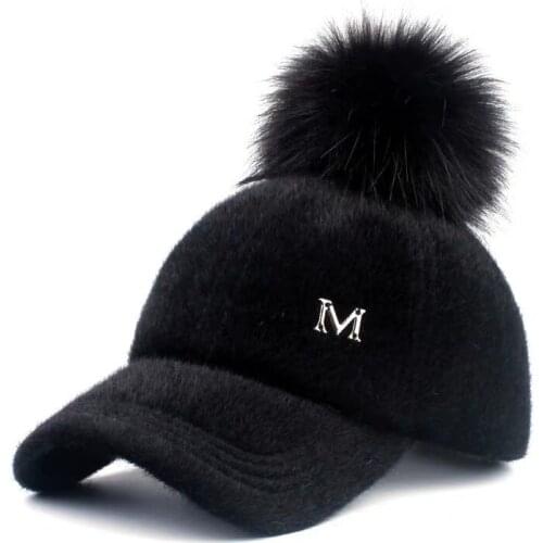 Metal Letter decorative Pleuche Pompom Baseball Cap Women Casual Street Wear Cap Elegant Female Hat Black And Gray Color TEENYOO