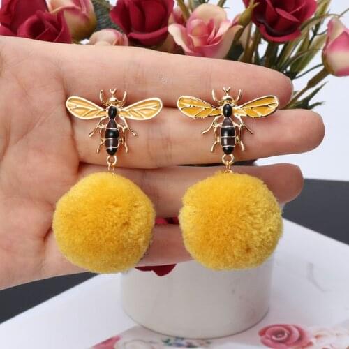 Lovely Bee Pom Pom Ball Dangle Earrings Women Bee on Honeycomb Jewelry