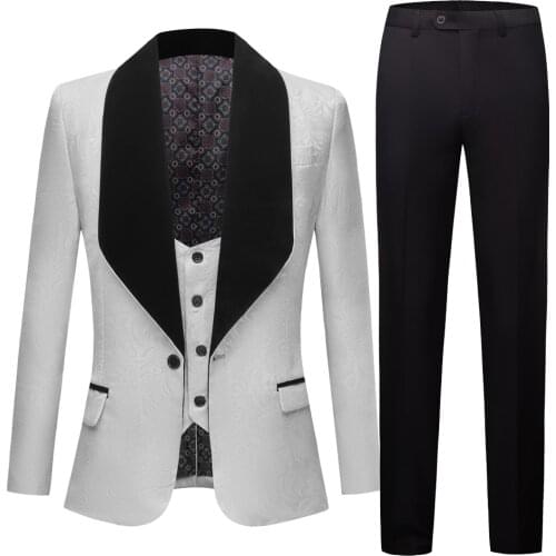 Mens Wedding Suits White Jacquard With Black Collar Tuxedo Groom Suits For Men Three piece set(Jacket+Vest+Pants