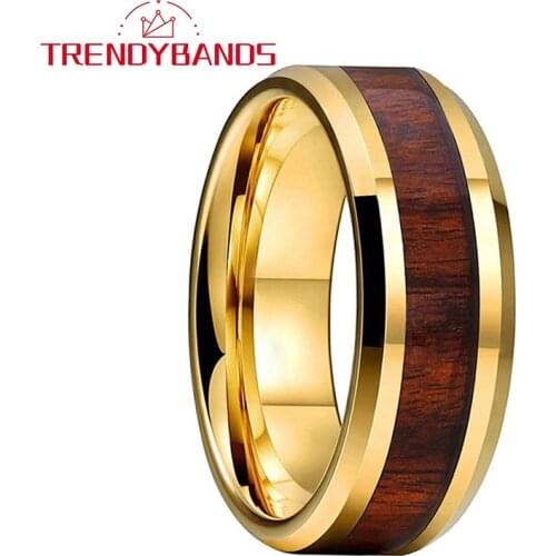Tungsten Carbide Engagement Rings For Men Women Wedding Band Gold 8MM Wood Inlay Comfort Fit