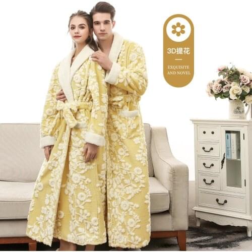 Men Winter Plus Size Long Coral Fleece Bathrobe Kimono Warm Flannel Bath Robe Men Cozy Robes Night Sleepwear Women Dressing Gown
