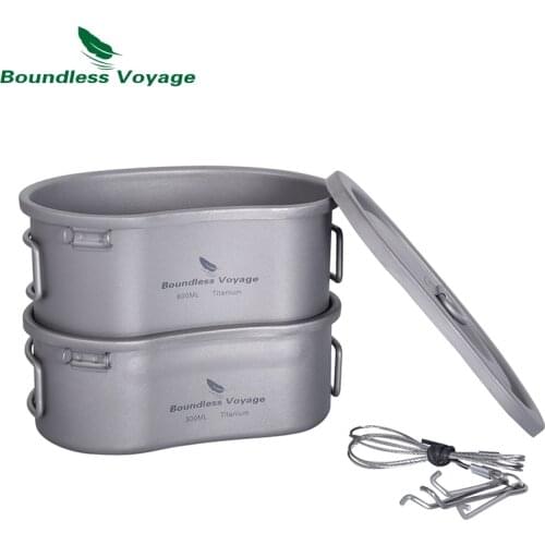 Boundless Voyage Outdoor Titanium Pot with Folding Handle Hanging Ring Camping Hiking Ultralight Canteen Bowl Mess Kit 2 pcs