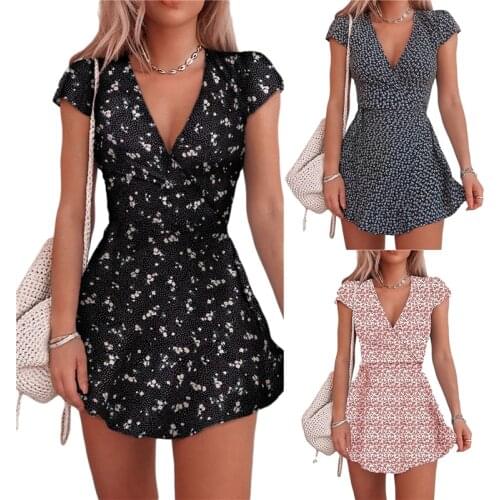 New Women V-neck Floral Short Sleeve Mini Dress Elegant Bodycon Sexy Casual Dress Black 4 Colors 2021