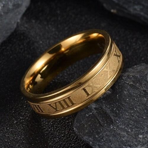 6 mm 316L Stainless Steel Wedding Band Ring Roman Numerals Gold Black Cool Punk Couples Rings for Men Women Fashion Jewelry Gift