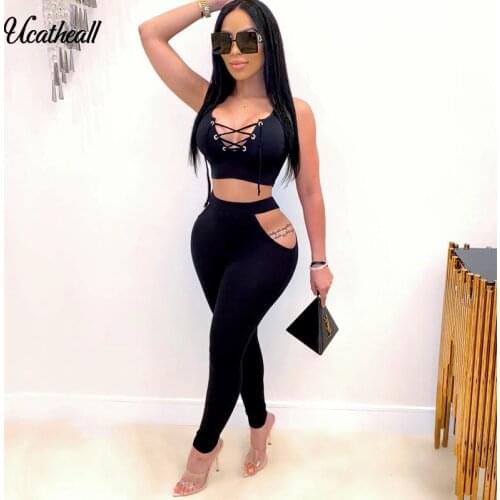 Solid Color Women Two Piece Set Casual Tracksuits Lace Up Crop Top + Biker Pants Sets Casual Outfits Women Set