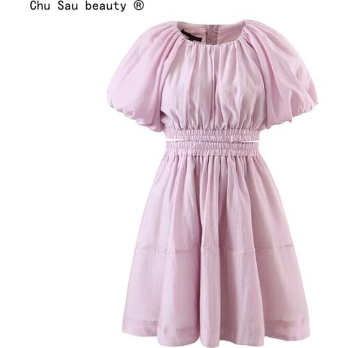 French O-Neck Hollow Out Puff Sleeve Dress Women Summer High Waist Folds Elastic Solid Color Buttons Dresses Vestido