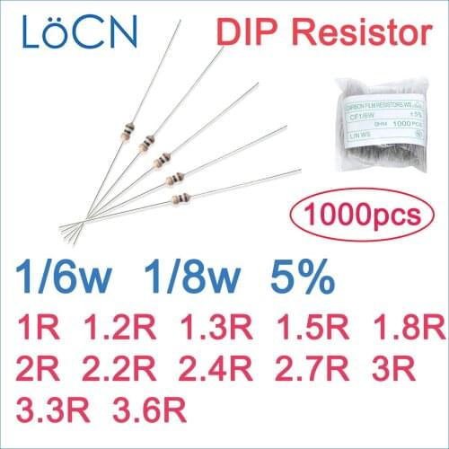 1000pcs 5% 1/6W 1/8W Carbon Film Resistor DIP 1R 1.2R 1.3R 1.5R 1.8R 2R 2.2R 2.4R 2.7R 3R 3.3R 3.6R OHM color ring 1R~2M LoCN