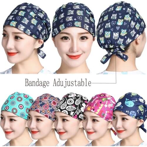 Scrubs Caps Cartoon Printed Cotton Sweatband Hats Women Bandage Adjustable Work Wear Hats Casual Washable Caps Accessories