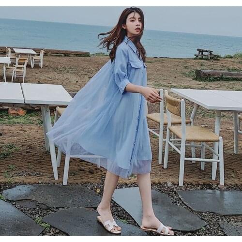 Blue Dress 2021 Spring And Summer Fashion Go Out Medium Length Large Size Loose Mesh Fairy Skirt