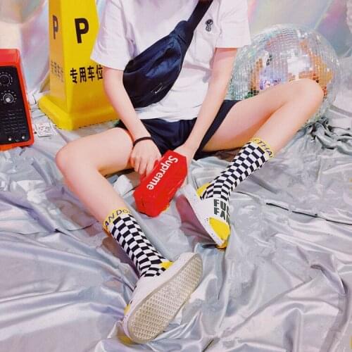 Street Fashion Cotton Adult Middle Crew Mid Socks Yellow Blue Purplish Red Purple Yellow Black White Plaid Attice Check Chequer