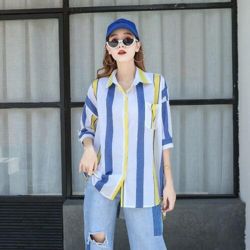 2020 Hot New Women Half Sleeve Blouses Striped Shirts Women Summer Tops Blouse Women Button Chemise Femme plus size