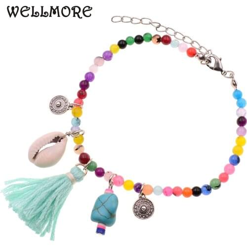 WELLMORE handmade shell tassels women Anklet bracelets BOHO Anklets for women Holiday beach 4mm beads Anklet Foot Party Jewelry